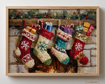 Decoración de pared con diseño de calcetín navideño, lámina imprimible para Navidad, estampado de bastón de caramelo, decoración rústica para chimenea, descarga digital.