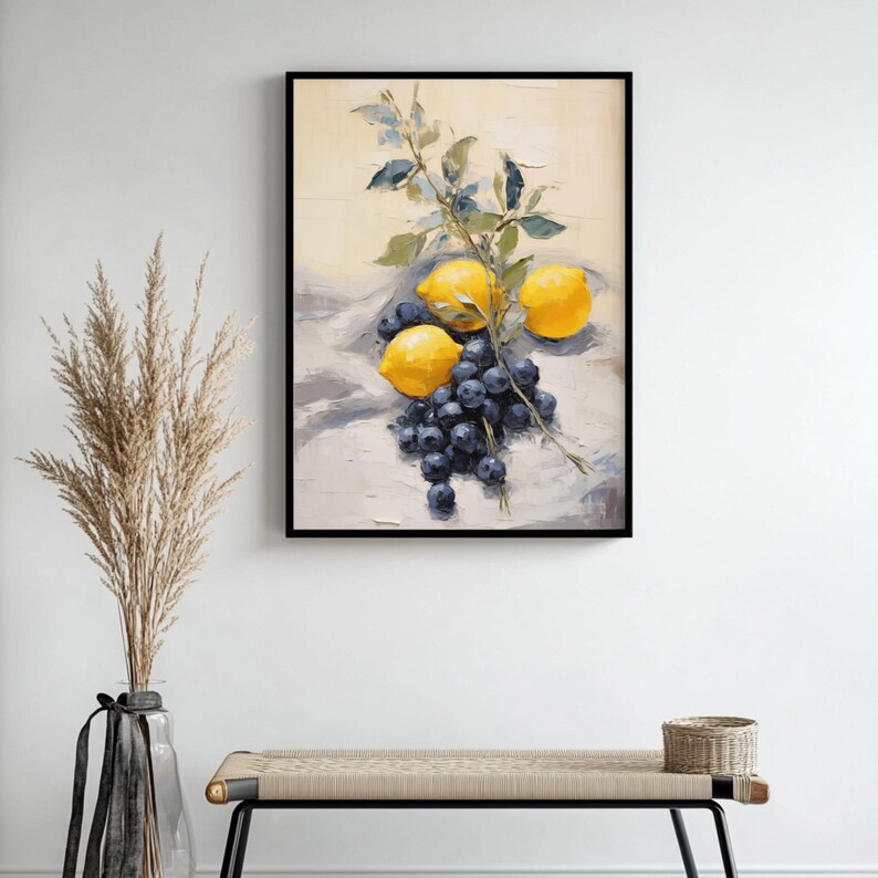 A beautifully balanced composition of lemons and blueberries is depicted with expressive strokes and a neutral backdrop. The deep shadows and crisp highlights emphasize the fruit's form and freshness. This wall print suits both minimalist and country-style kitchen decor.