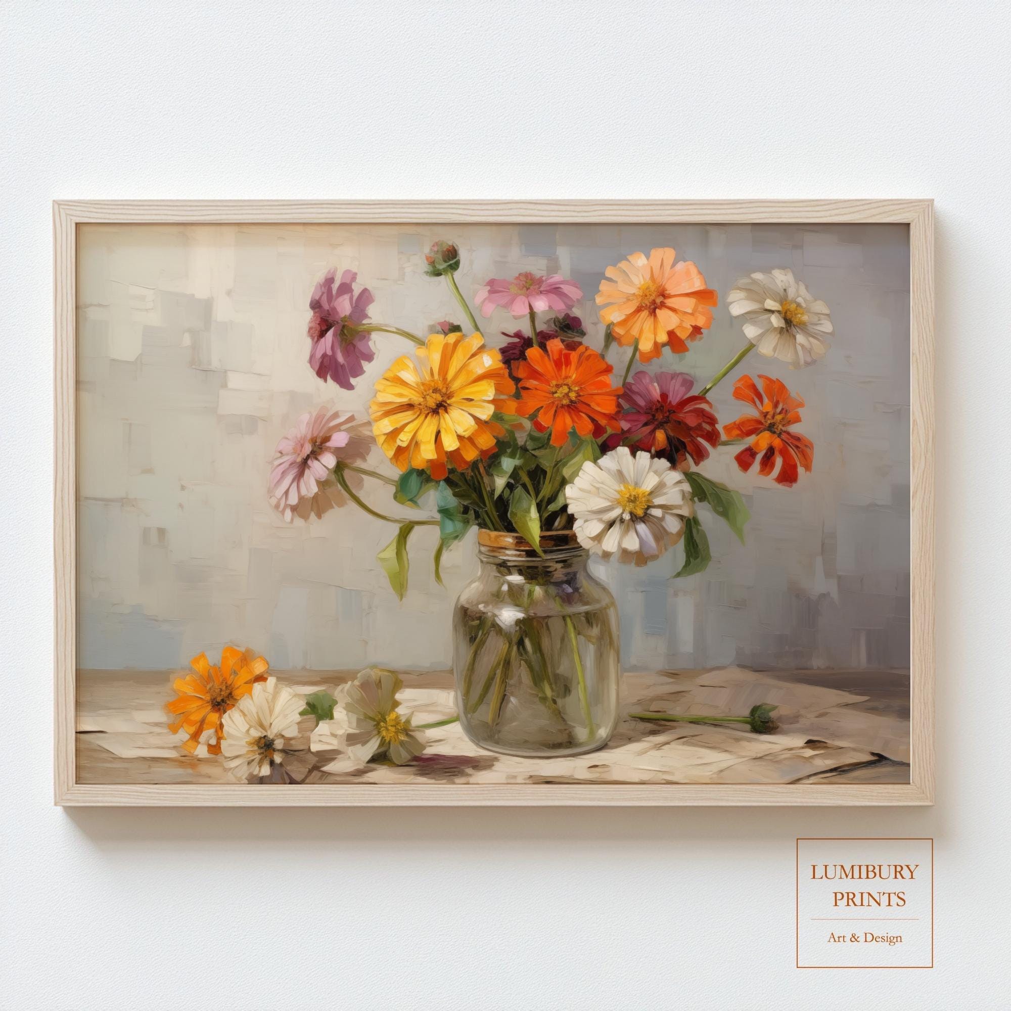Zinnia Wall Art, Bold Floral Wall Art, Soft Summer Flower Poster, Botanical Bloom Wall Art, Farmhouse Flower Decor, Instant Download