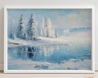 Winter Lake Landscape Print, Pine Tree Print, Snowy Mountain Painting, Winter Landscape Print, Instant Download