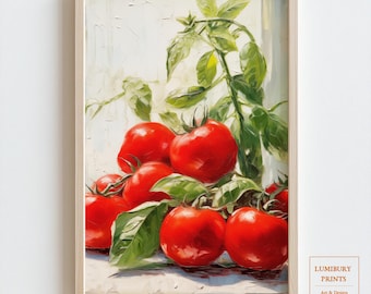 May include: A framed art print featuring a still life of ripe red tomatoes and green basil leaves. The tomatoes are clustered together, with vibrant red hues. The basil adds a touch of green. The artwork is signed "LUMIBURY PRINTS Art & Design".