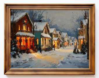 Kerstkunst aan de muur, scène kerstdorp, vintage Impasto-schilderij, rustiek kerstdecor, vintage kerstprint, instant download