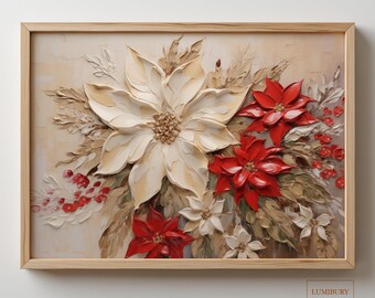Christmas Poinsettia Wall Art, Vintage Christmas Print, Poinsettia Holiday Decor, Impasto Flower Painting, Digital Download