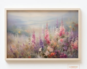 Vintage Meadow Print, Flower Field Wall Art, Spring Wildflower Poster, Landscape Painting, Botanical Decor, Cottage Decor, Digital Download