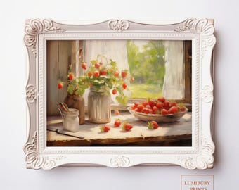 Vintage Strawberry Kitchen Print, Rustic Farmhouse Wall Art, Botanical Fruit Decor, Cottagecore Dining Poster, Country Home Digital Download