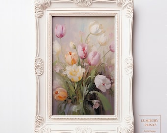 May include: A white framed painting of a bouquet of pink, white, and yellow tulips in a green vase. The background is a soft, light pink.