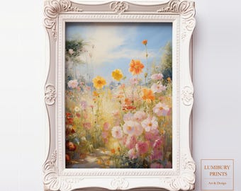 Peut inclure: Une impression florale encadrée représentant une scène de jardin vibrante. L'œuvre présente une variété de fleurs colorées dans des tons de rose, de jaune et d'orange, sur fond de ciel bleu. L'impression est encadrée dans un cadre blanc orné, avec le texte "LUMIBURY PRINTS Art & Design" en bas à droite.