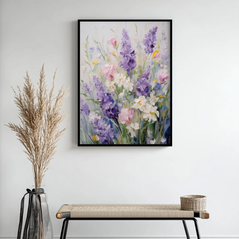 A modern take on rustic charm, this printable wall art highlights a fresh lavender bouquet with layered petals in a loose painterly style. A perfect addition to minimalist homes, country decor, or spring floral wall displays.