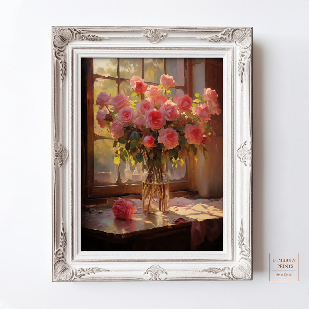 Romantic Pink Rose Bouquet Painting – Vintage Floral Printable Art ...