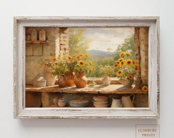 Sunflower Kitchen Wall Art, Rustic Floral Decor, Country Still Life Poster, Vintage Summer Scene, Botanical Window Print, Instant Download
