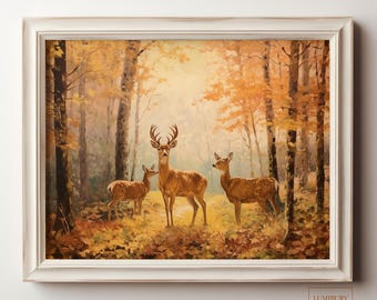 Arte mural de ciervos, decoración mural de animales del bosque, lámina de bosque otoñal, decoración rústica de cabaña, arte de la naturaleza otoñal, decoración acogedora del bosque, descarga instantánea