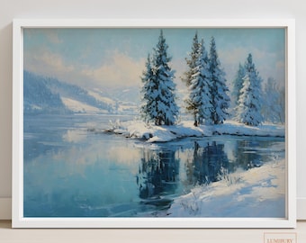 Winter Lake Landscape Print, Snowy Pine Tree, Serene Mountains Painting, Vintage Winter Landscape, Instant Download