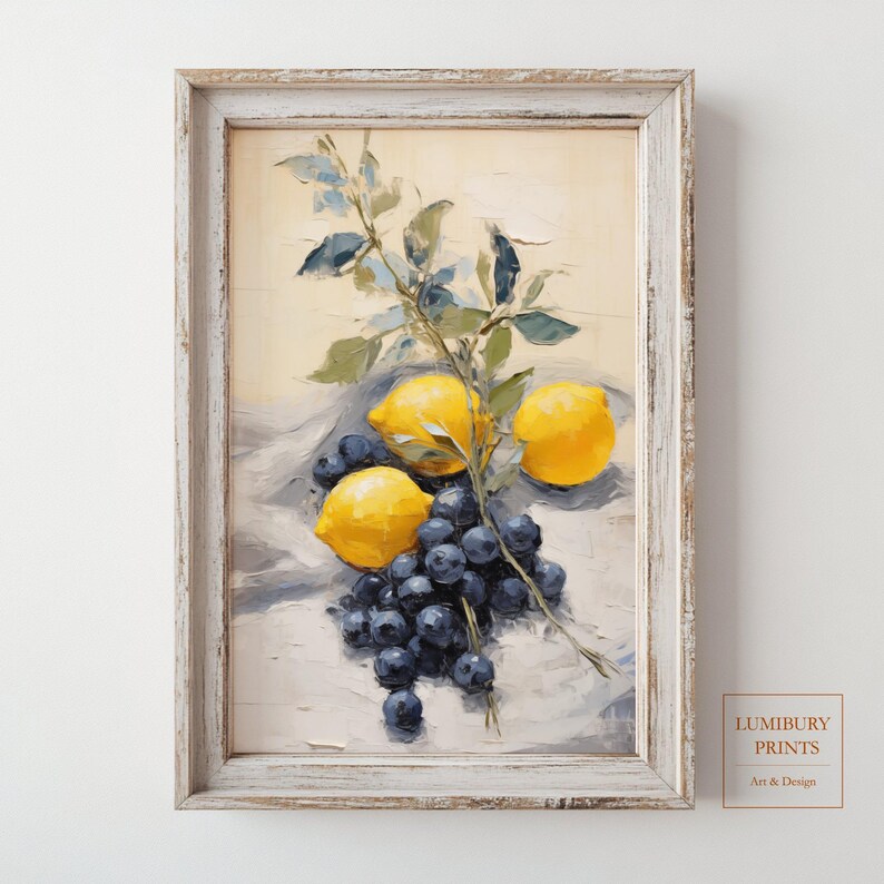 A painterly still life showcases vibrant yellow lemons and juicy blueberries resting on a cloth-draped table. Delicate green leaves bring movement and realism to the composition, enhancing the organic appeal. This printable wall art is perfect for brightening kitchen or dining spaces with a fresh botanical touch.