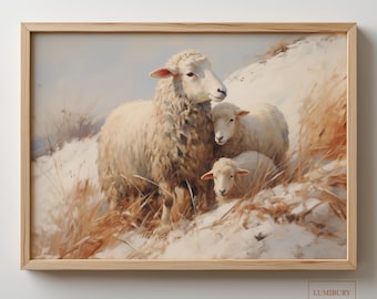 油絵　羊 ヴィンテージの羊のプリント、クラシックな油絵スタイルの動物アート