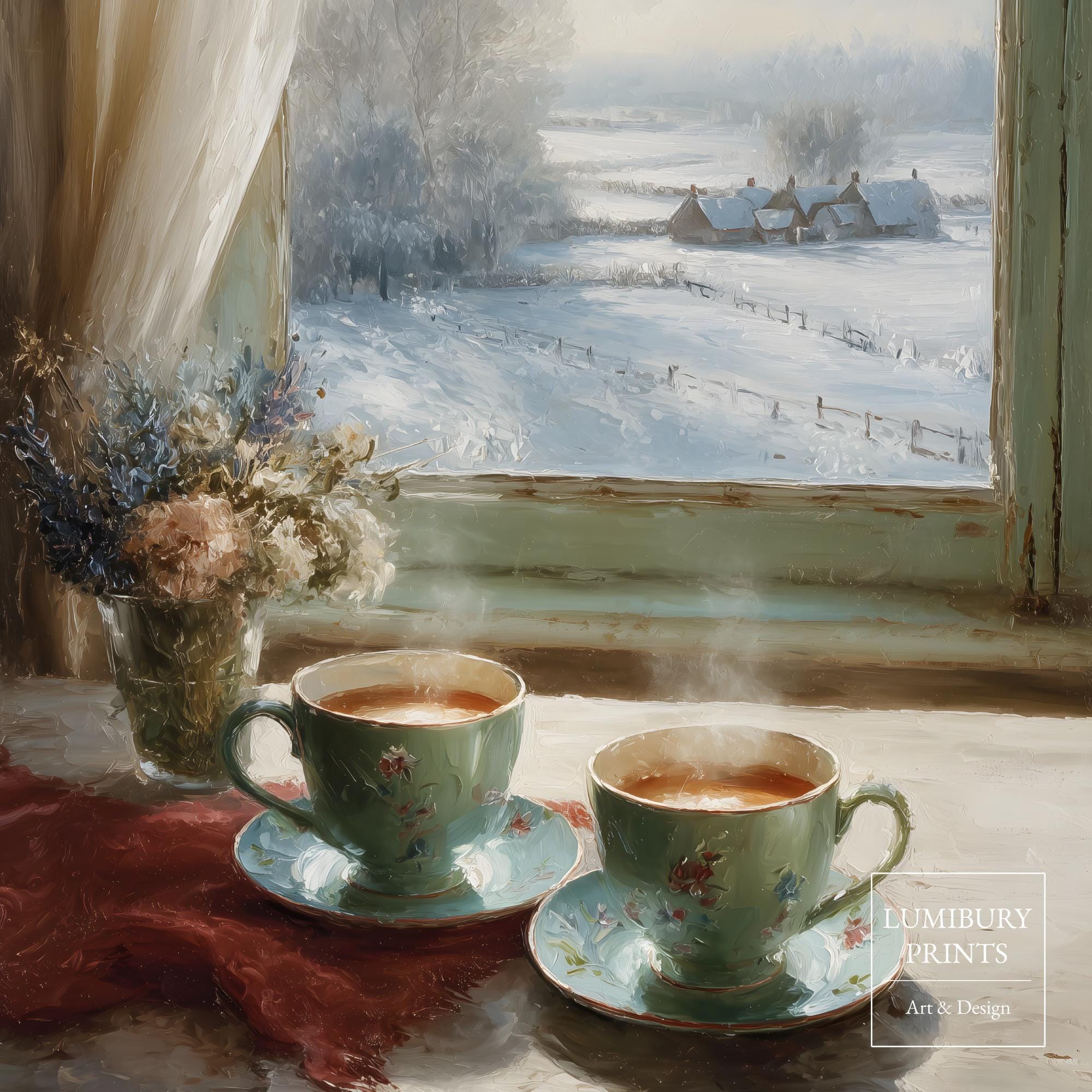 Winter Landscape Printable Art, Flower Wall Decor, Teacup Printable Art ...