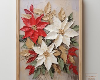Christmas Poinsettia Wall Art, Christmas Wall Decor, Vintage Christmas Decor, Impasto Floral Painting, Digital Download