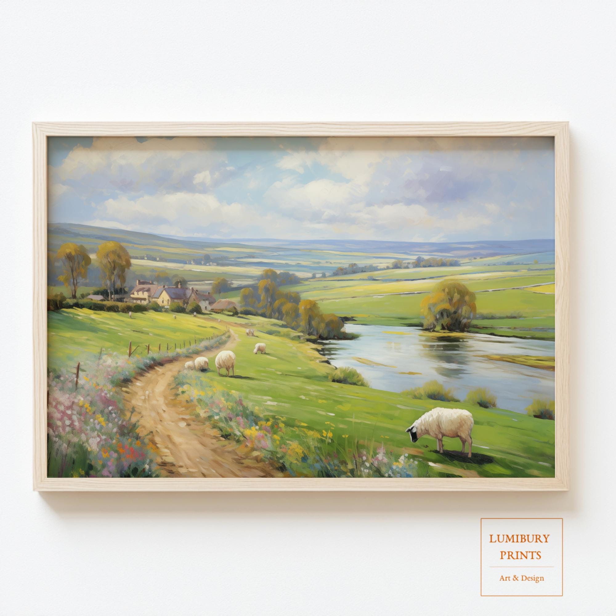 Vintage Spring Landscape Print, Countryside Path Wall Art, Sheep Pasture Painting, Rustic Nature Decor, Farmhouse Wall Art, Digital Download