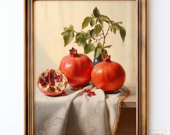 Pomegranate Painting, Autumn Kitchen Decor, Vintage Fruit Print, Botanical Still Life, Pomegranate Wall Art, Rustic Poster, Instant Download