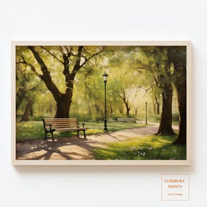 May include: A painting of a park scene with a wooden bench in the foreground, a lamppost, and a path leading through the trees. The trees are green and the ground is covered in grass and flowers.