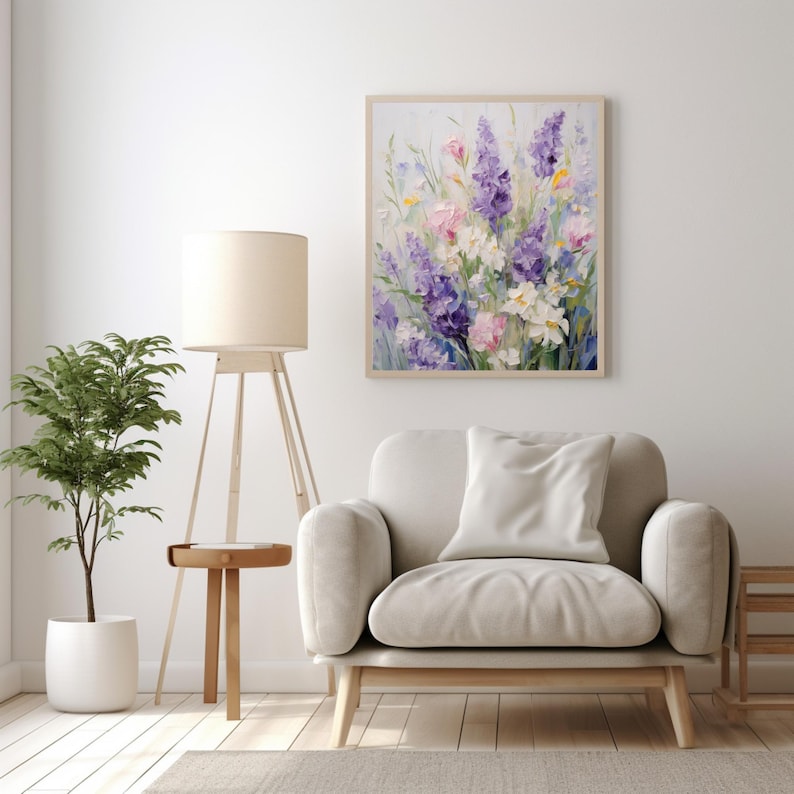 This digital print showcases a soft pastel bouquet of lavender and seasonal florals, blending calming colors with natural textures. Perfect for Provence lovers, botanical enthusiasts, or spring-inspired interior design.