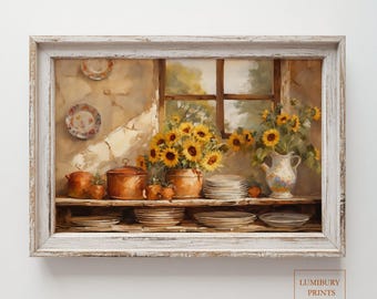 Sunflower Wall Art Painting, Rustic Kitchen Decor, Botanical Summer Print, Vintage Flower Printable, Cottagecore Wall Art, Digital Download