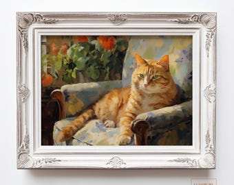 Vintage Cat Portrait, Orange Tabby Cat Art, Cat Wall Art, Printable Cat Decor, Oil Painting Print, Cozy Animal Poster, Digital Download