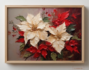 Julstjärna väggkonst, vintage julkonstverk, julstjärna högtidlig tryck, impasto blomstermålning, digital nedladdning