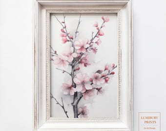 Vintage Cherry Blossom Print, Japanese Sakura Art, Botanical Flower Painting, Farmhouse Home Decor, Cottagecore Printable, Digital Download