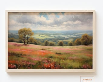 Vintage Wildflower Field Print, Spring Hill Landscape, Flower Meadow Poster, Country Path Wall Art, Botanical Nature Decor, Digital Download