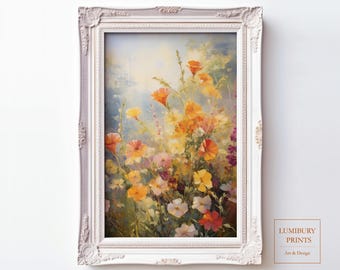 Peut inclure: Une impression d'art encadrée représentant un arrangement floral de fleurs sauvages aux couleurs vives, notamment orange, jaune, rose et blanc. La peinture est encadrée dans un cadre blanc orné. L'impression est de Lumibury Prints.