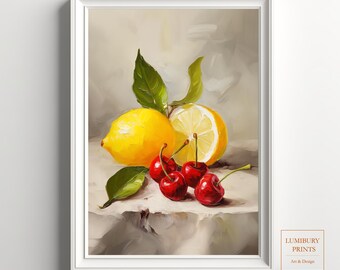 Cherry Wall Print, Lemon Wall Decor, Summer Fruit Print, Rustic Fruit Wall Art, Botanical Kitchen Art, Vintage Fruit Print, Digital Download