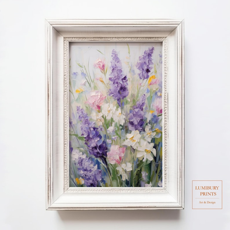 This vertical floral print features delicate lavender blooms surrounded by pastel wildflowers in soft brushstrokes. A beautiful digital download for botanical decor, spring-themed kitchens, or romantic shabby chic interiors.