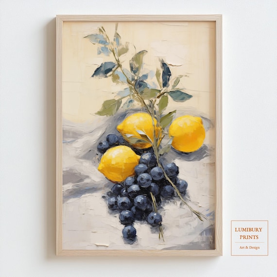 Fruit Wall Decor, Lemon Kitchen Art, Blueberry Wall Art, Fruit Kitchen Decor, Vintage Fruit Print, Summer Fruit Wall Art, Digital Download