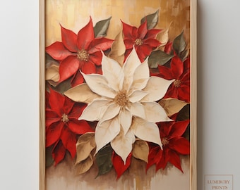 Julstjärna väggkonst, julväggkonst, vintage julblommigt tryck, impastomålning, digital nedladdning