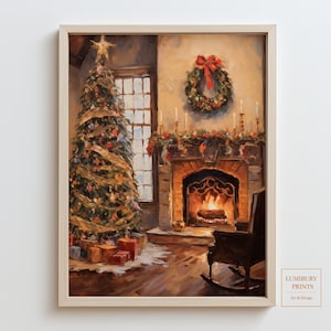 Christmas Wall Art, Holiday Wall Decor, Farmhouse Christmas Decor Tree, Christmas Tree Wall Art, Vintage Fireplace Art, Instant Download