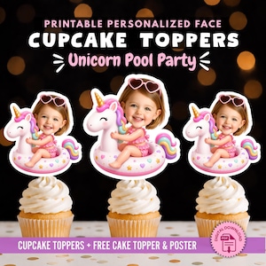 Personalized Face Unicorn Float Pool Party Cupcake Topper, Custom Photo Summer Birthday Party Decor