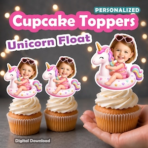 May include: Personalized cupcake toppers featuring a graphic of a child with heart-shaped sunglasses riding a white unicorn pool float with a rainbow tail and colorful heart patterns. The text reads Personalized Cupcake Toppers Unicorn Float.