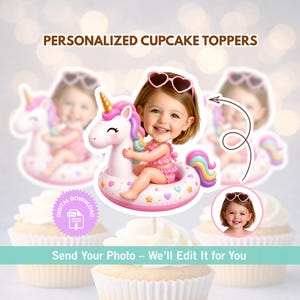 Personalized Face Unicorn Float Pool Party Cupcake Topper, Custom Photo Summer Birthday Party Decor