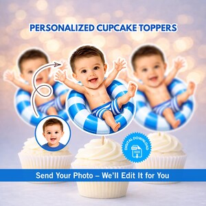 Zwembadfeestje cupcake topper gepersonaliseerd gezicht | Blauw zomerbad verjaardagsdecoratie | Digitale download