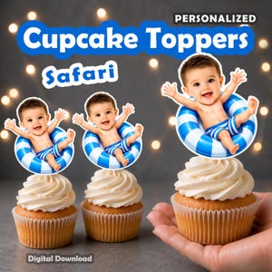 May include: Personalized cupcake toppers featuring a photographic image of a baby in blue and white striped swim trunks sitting inside a matching blue and white striped inflatable swim ring. The text reads Personalized Cupcake Toppers Safari.