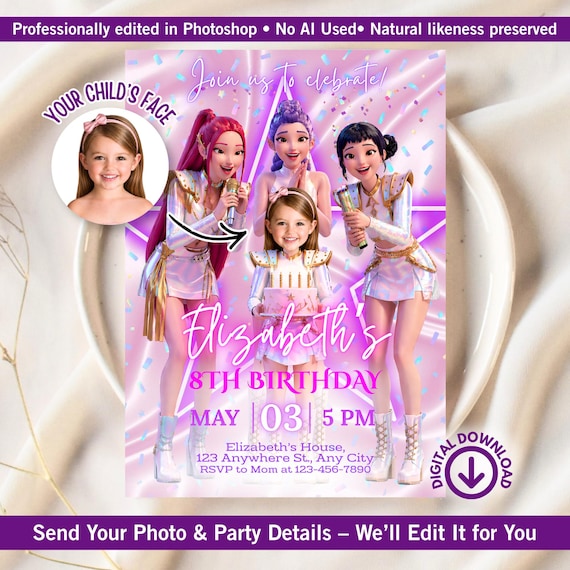 Personalized Face Kpop Demon Hunters Birthday Invitation | Custom Photo Kpop Birthday Invite | Digital Download Huntrix Party Invite