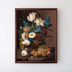 Klassiek schilderij Art Print | Hollands bloemen | Stilleven met bloemen en fruit | Severin Roesen Wanddecoratie | Museumkwaliteit | Directe levering