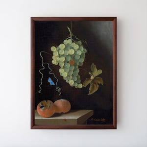 Klassiek schilderij Art Print | Hollands barokstilleven | Druivenmispel en vlinder | Coorte-wanddecoratie | Museumkwaliteit | Directe levering