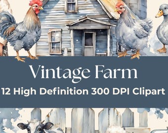 Paquete de imágenes prediseñadas de granja vintage en acuarela: 12 descargas digitales