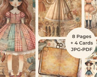 Kit de diario creativo con muñecas de papel vintage y artículos de costura (descarga digital)