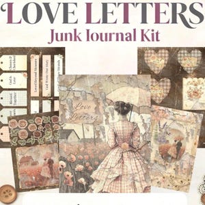 Könnte beinhalten: Ein Junk-Journal-Kit mit dem Text "LOVE LETTERS" und "Junk Journal Kit". Das Kit enthält dekoratives Papier, Etiketten und herzförmige Karten mit floralen und Vintage-Designs. Die Farbpalette ist weich, mit Schattierungen von Rosa, Beige und Braun.