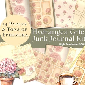 May include: A collection of ephemera for junk journaling, featuring a variety of papers, tags, and embellishments. The kit includes papers with hydrangea floral designs, a cup of coffee, and the text "14 Papers & Tons of Ephemera" and "Hydrangea Grief Junk Journal Kit".
