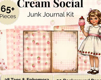 Kit de diario social con diseño de fresa y crema, efímeros imprimibles estilo cottagecore, muñecas de papel (descarga digital)