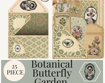 Botanical Butterfly Garden Folio Kit, Junk Journal Ephemera (Digital Download)