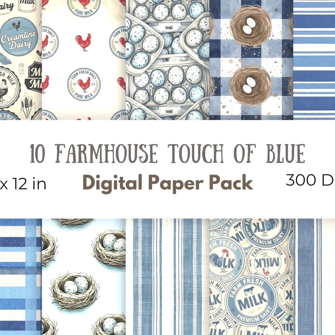 Blue Farmhouse Rooster Papers | Gingham Scrapbook Patterns, Craft Pages ...